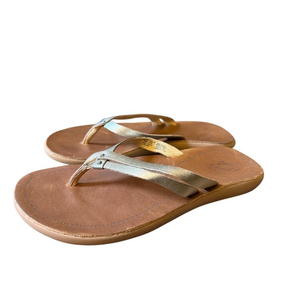 Olukai Luana Gold Leather Slide Flip Flop Women size 7 - Picture 2 of 6